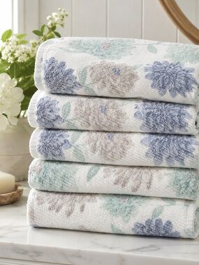 Set of 5 Floral Bath Towels 100% Cotton Soft Blue Sage Green 26x52 Matching